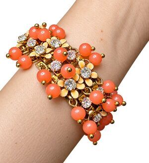 J.Crew Cha Cha Bracelet Orange Beads Rhinestone Enamel Flowers Gold Tone